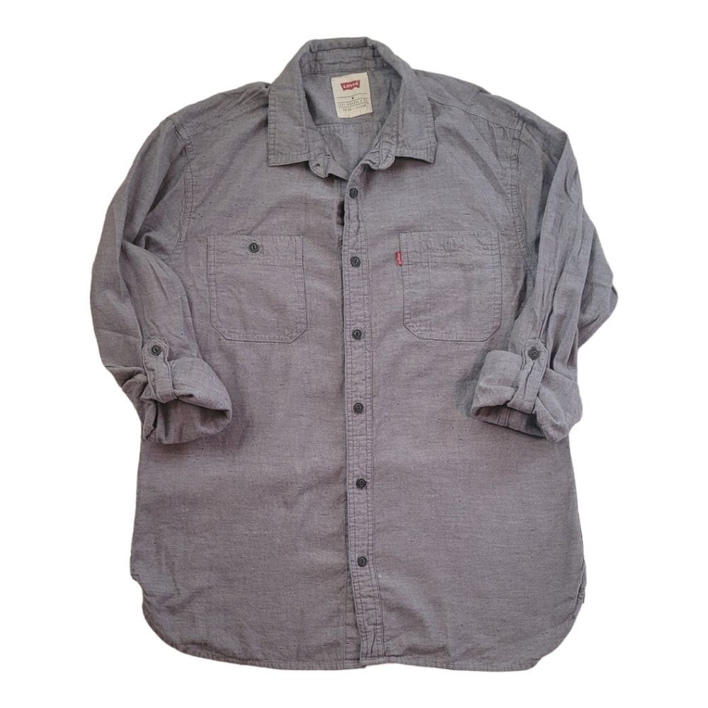 Levis Gray Button Front Collared Shirt Long Sleeve Roll Tab Casual Mens Medium
